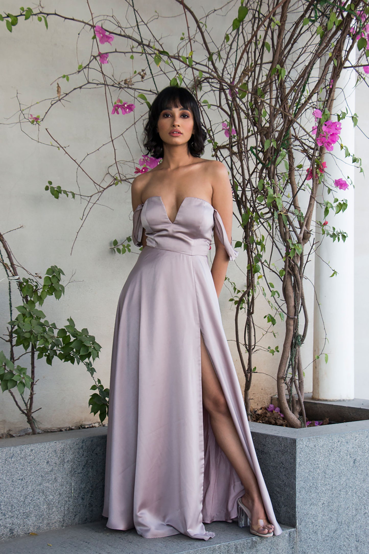 Taupe Off Shoulder Gown