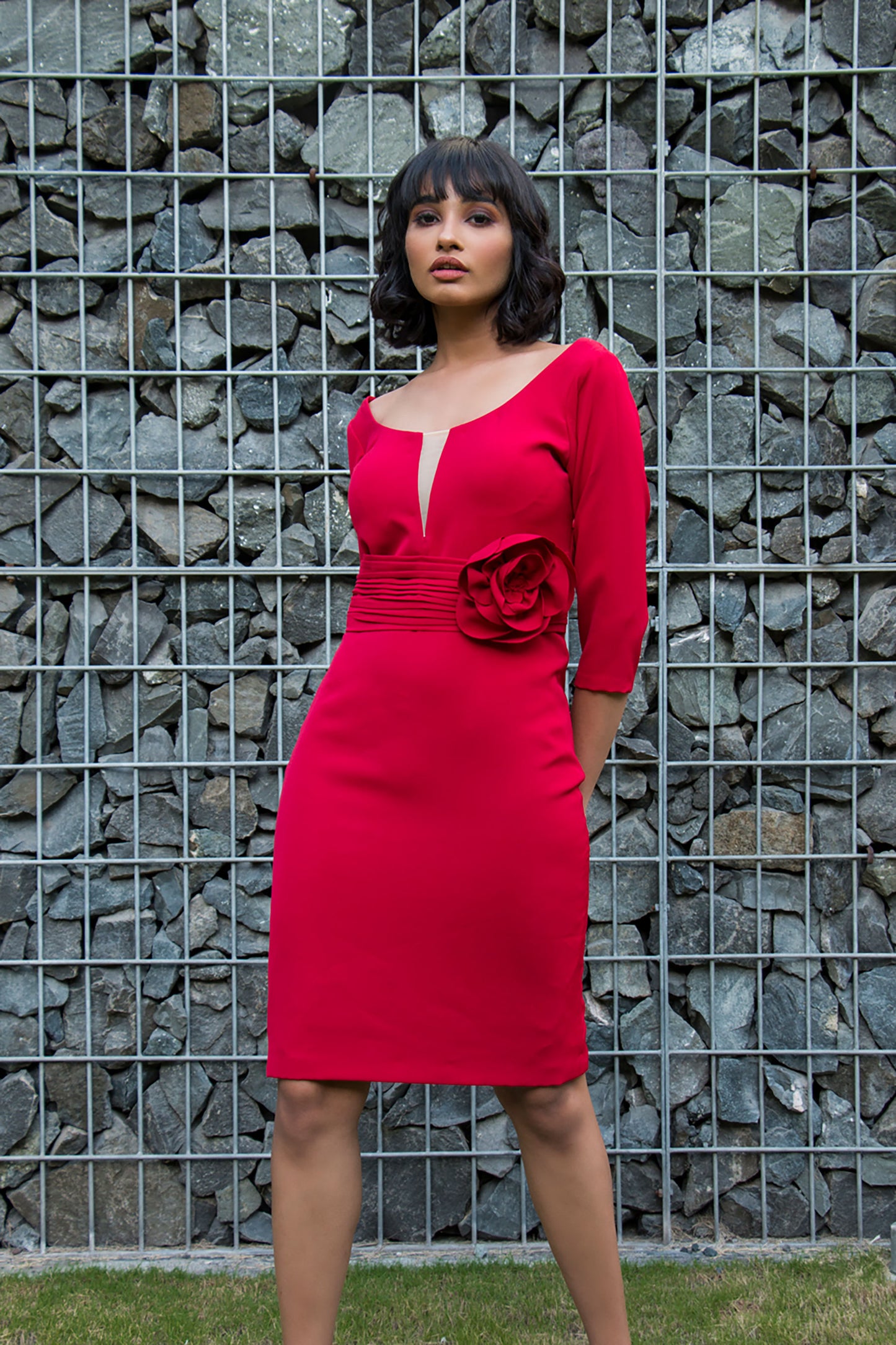 Red Flower Detail Straight Dress