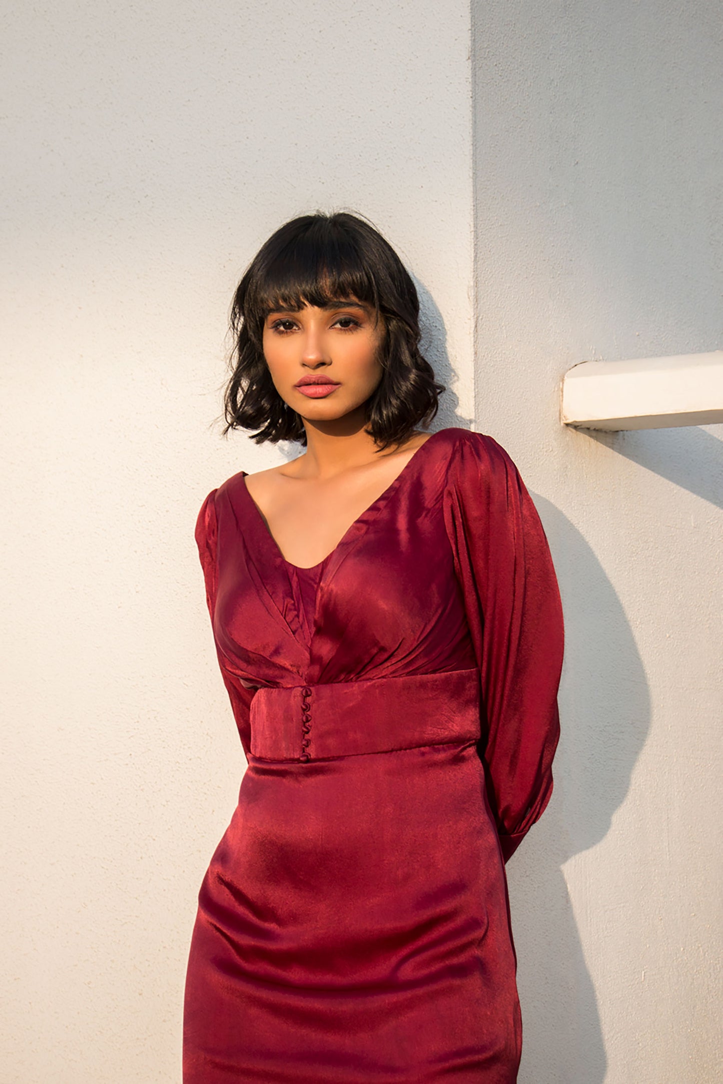 Wine Waist Belt Dress