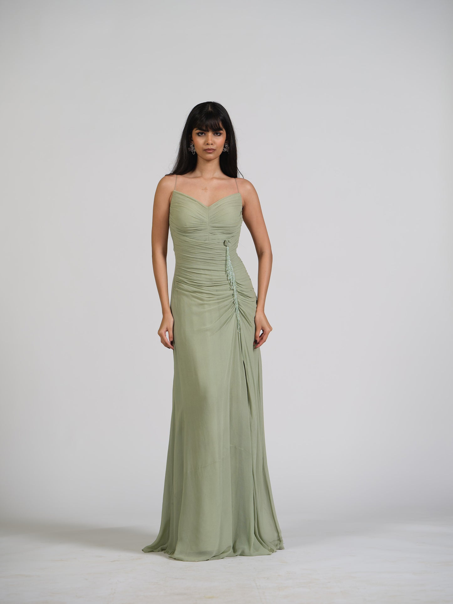 Zuan Drape Waist Gather Gown With Falling Crystals On Waist