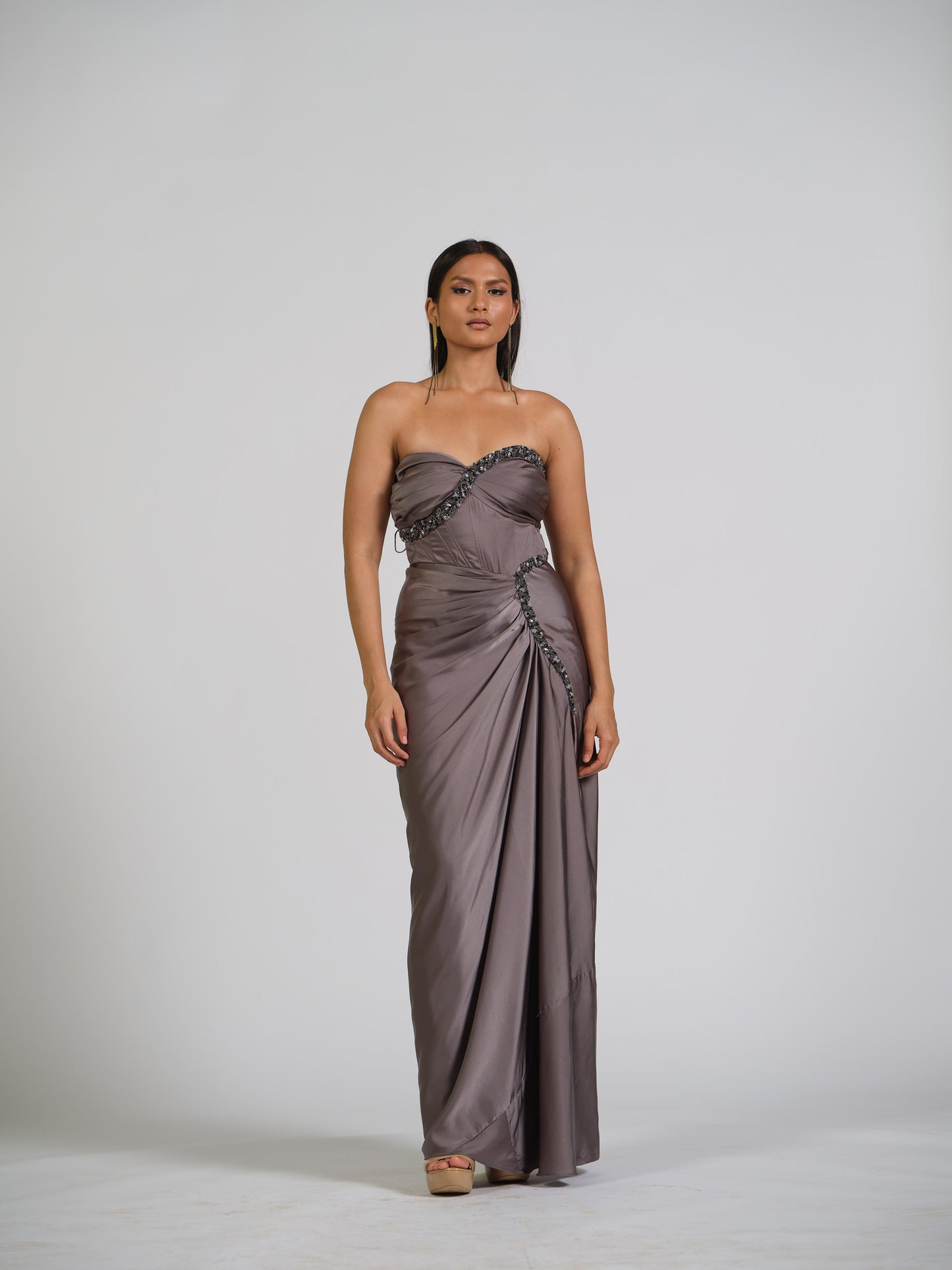 Sasha Corset Tube Crystal Embellished Gown With Side Drape
