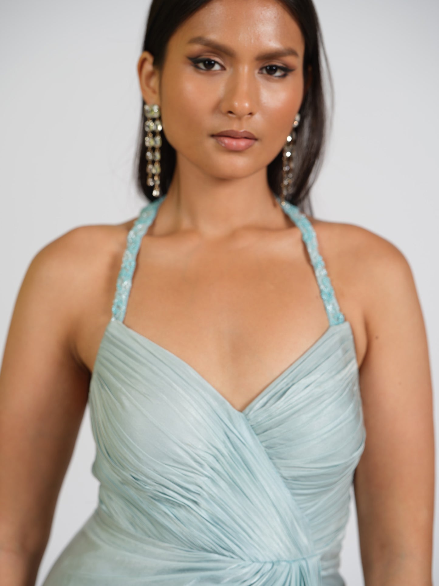 Ice Blue Lure Overlap Drape Gown With Embellished Halter Straps