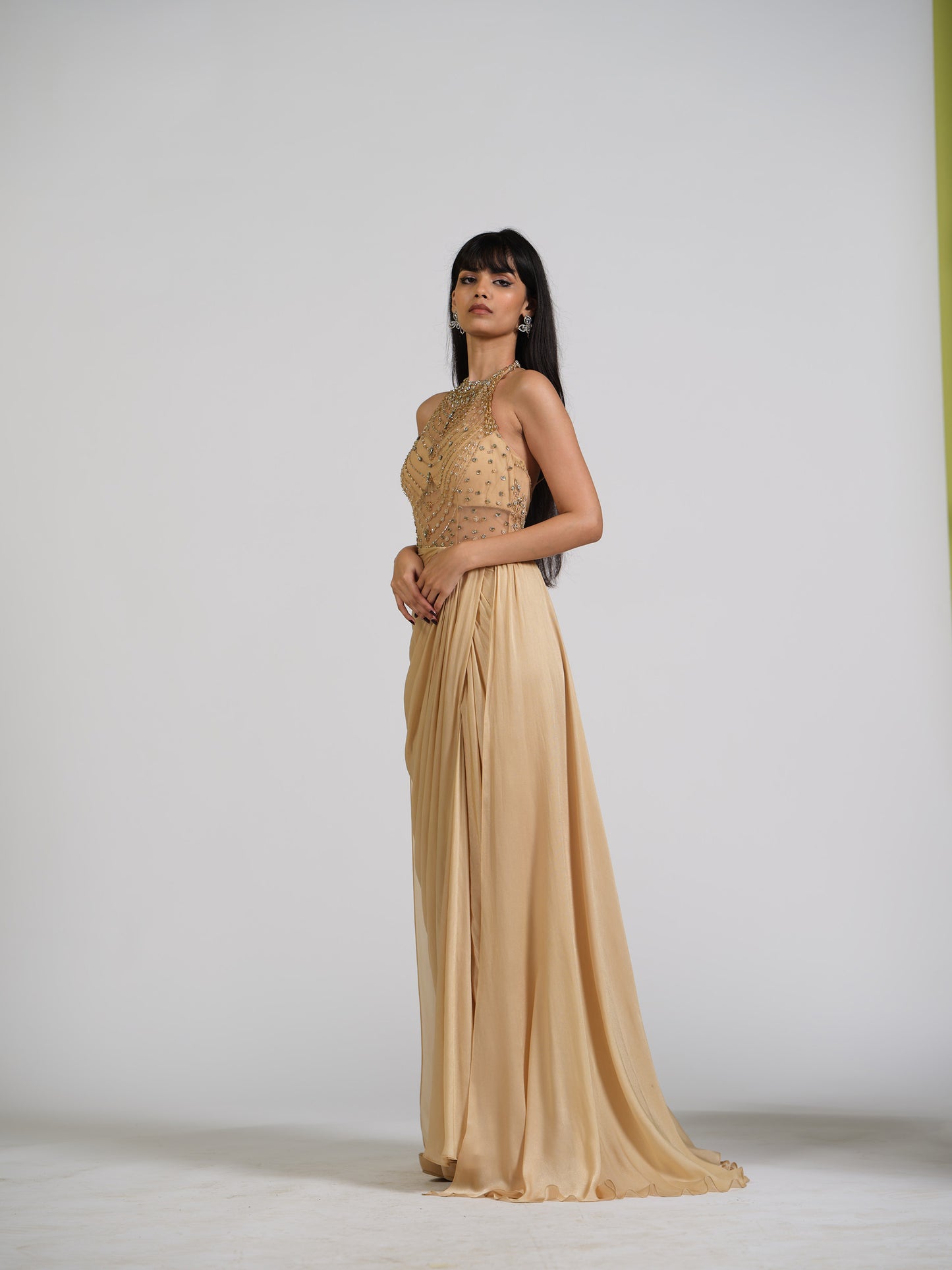 Sharay Gold Stone Embellished Trail Drape Gown