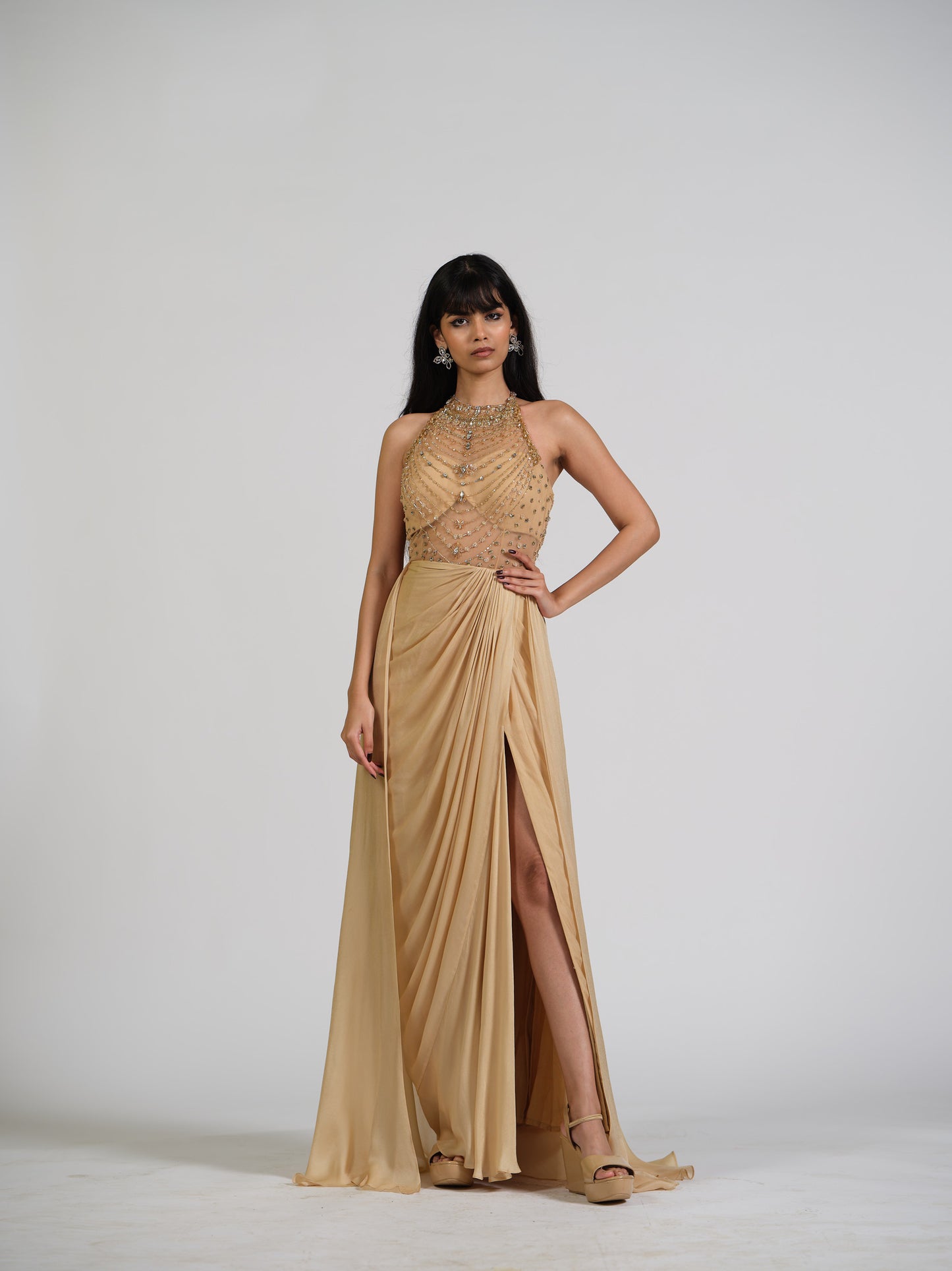 Sharay Gold Stone Embellished Trail Drape Gown