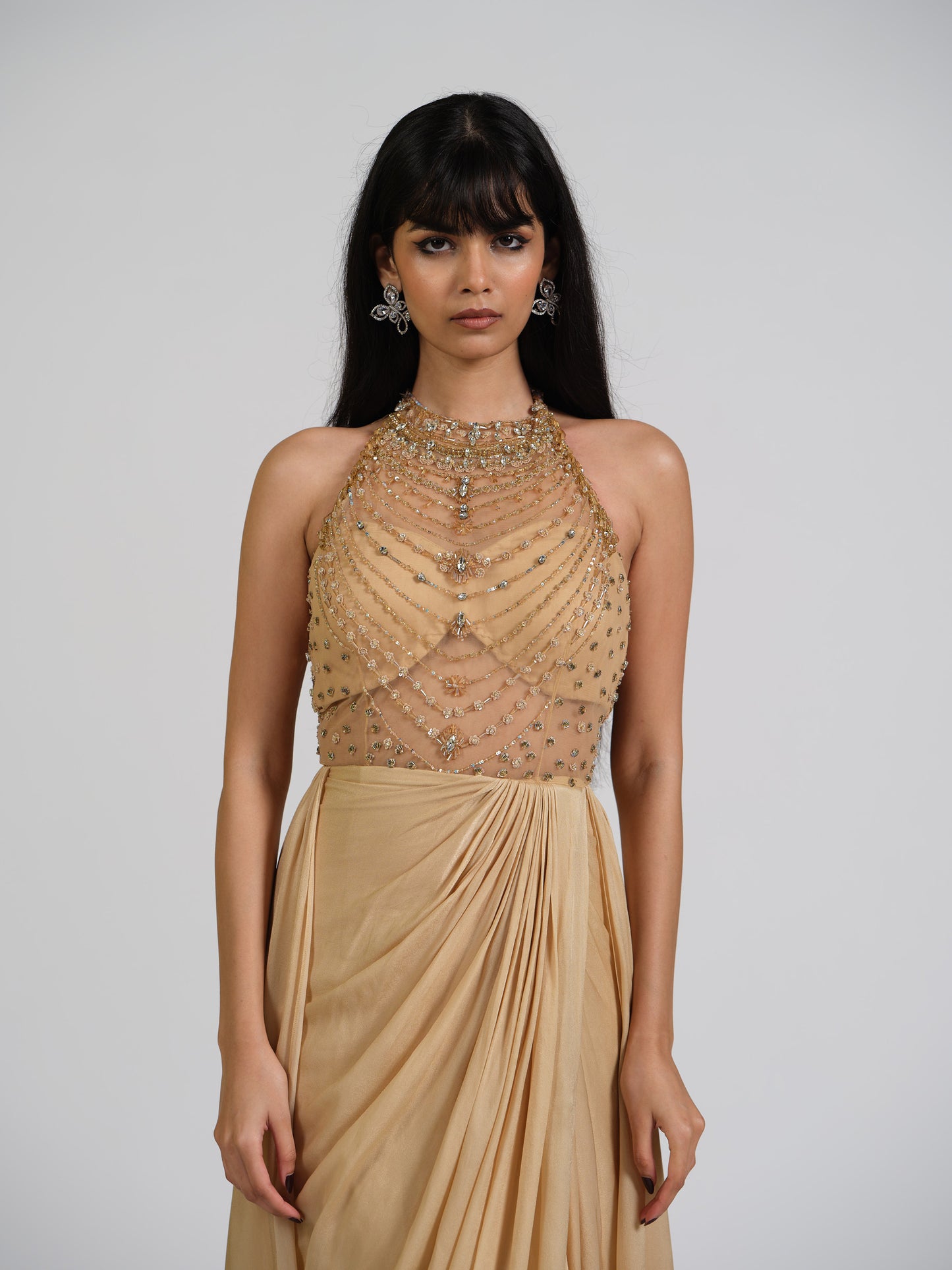 Sharay Gold Stone Embellished Trail Drape Gown