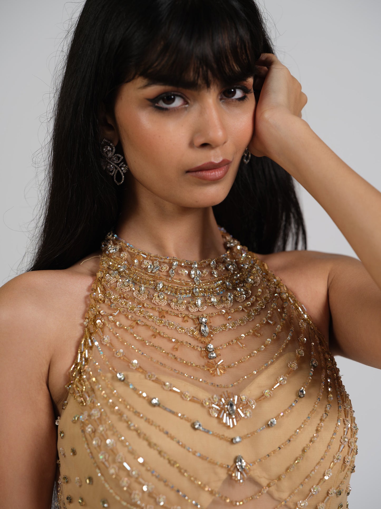 Sharay Gold Stone Embellished Trail Drape Gown