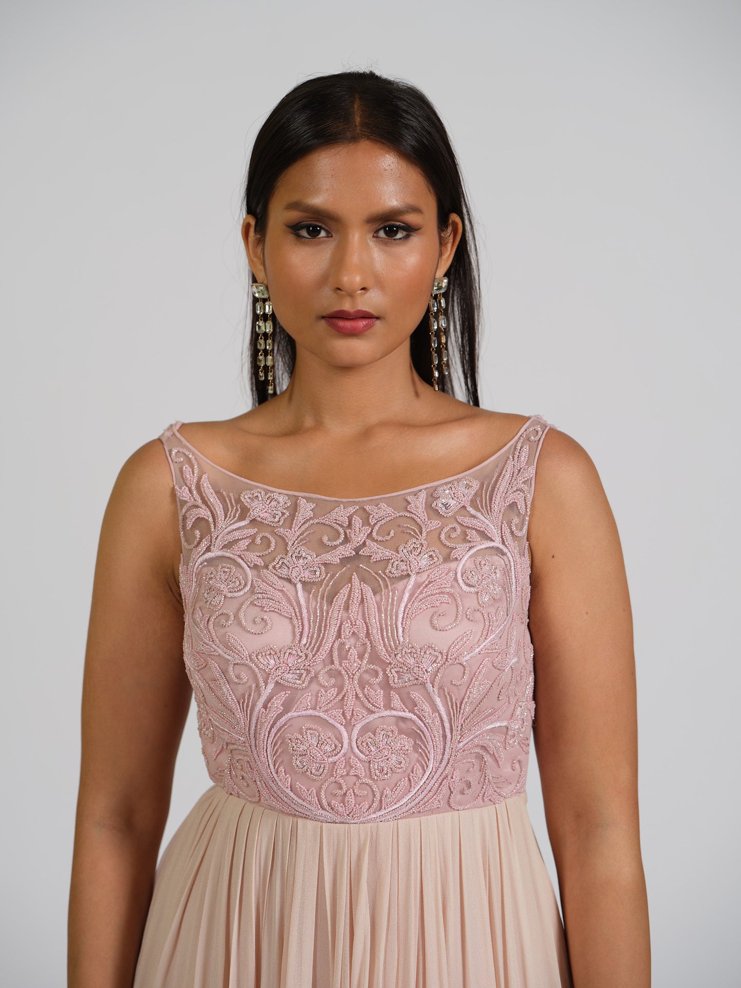 Sandra Pink Boat Neck Embroided Flared Gown
