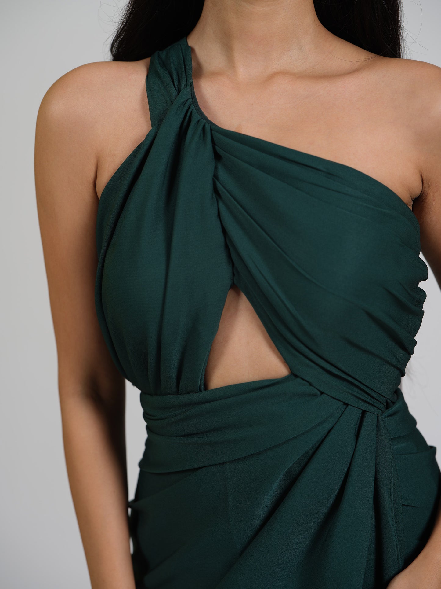 Voila Green Drape Gown With Center Cut Detailing In The Bustier