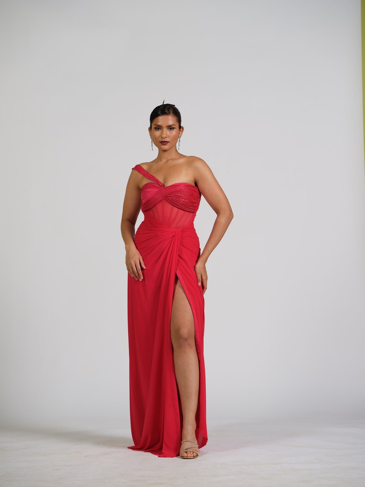 Demure Corset Gown With Sculpted Shoulder Strap ,overlap Drape