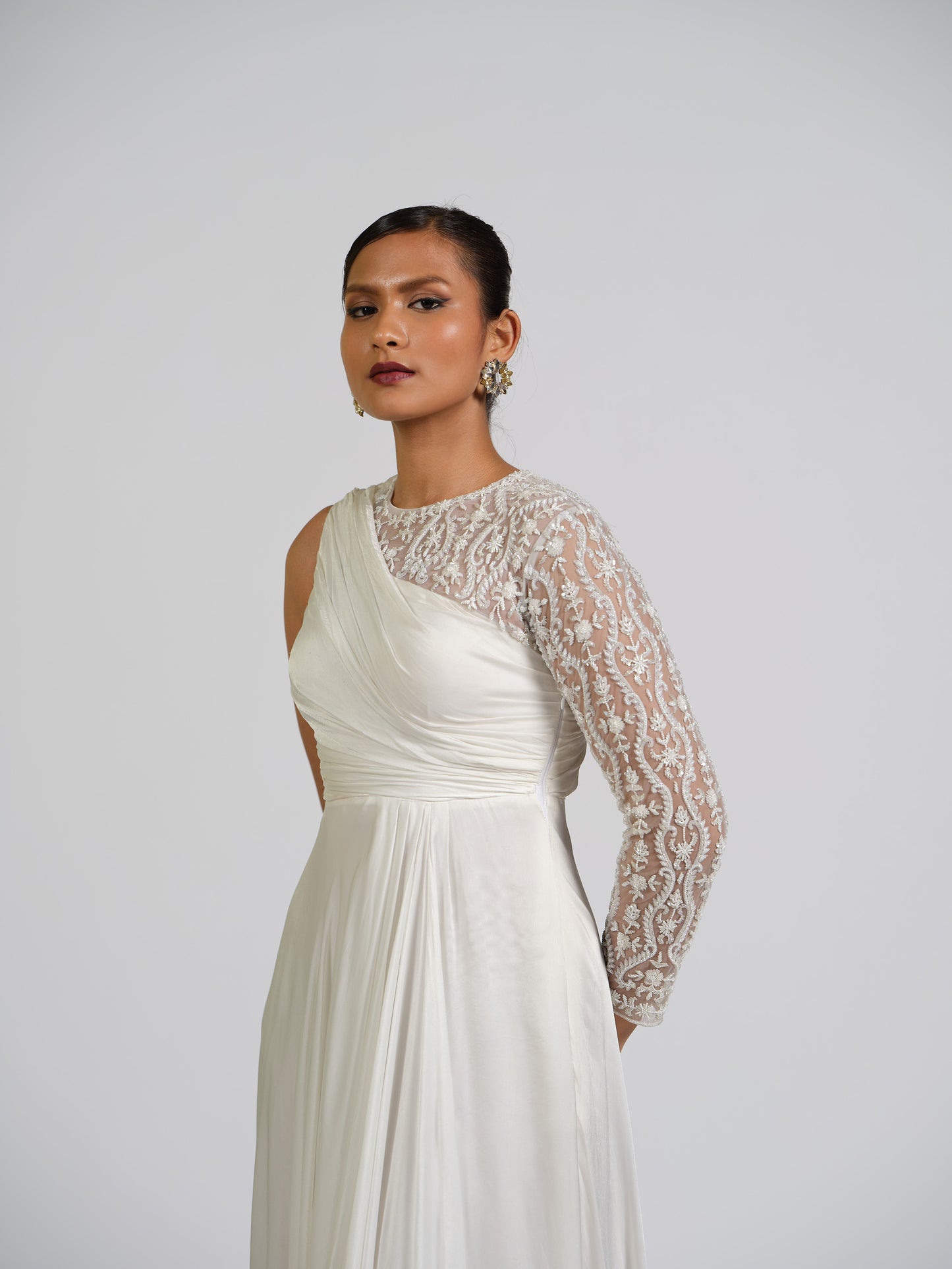 Satin Solstice One Shoulder Full Sleeve Drape Gown