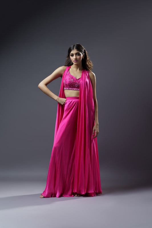 Pink Crop-top Pallazo With A Cape