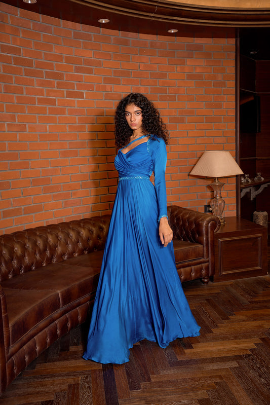 Blue One Shoulder Draped Yoke Gown