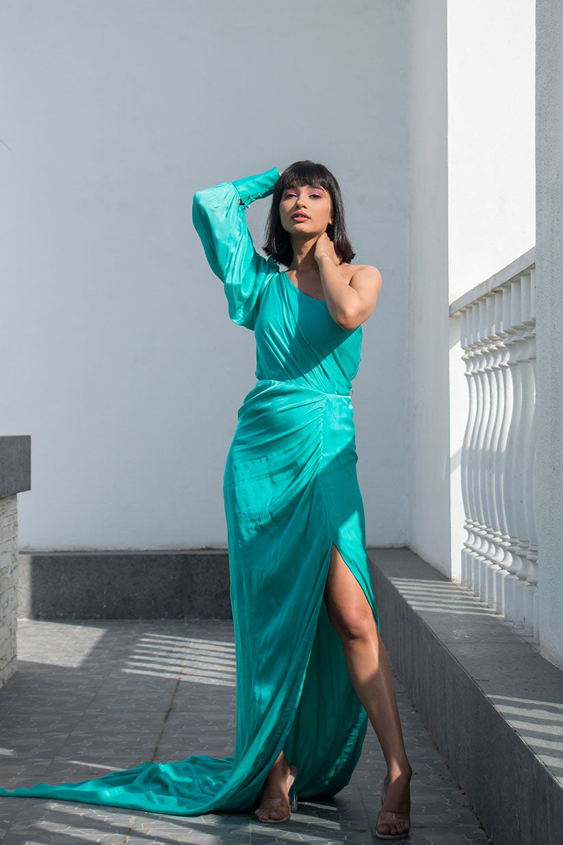 Blue One Shoulder Trail Gown