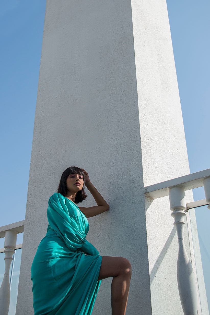 Blue One Shoulder Trail Gown