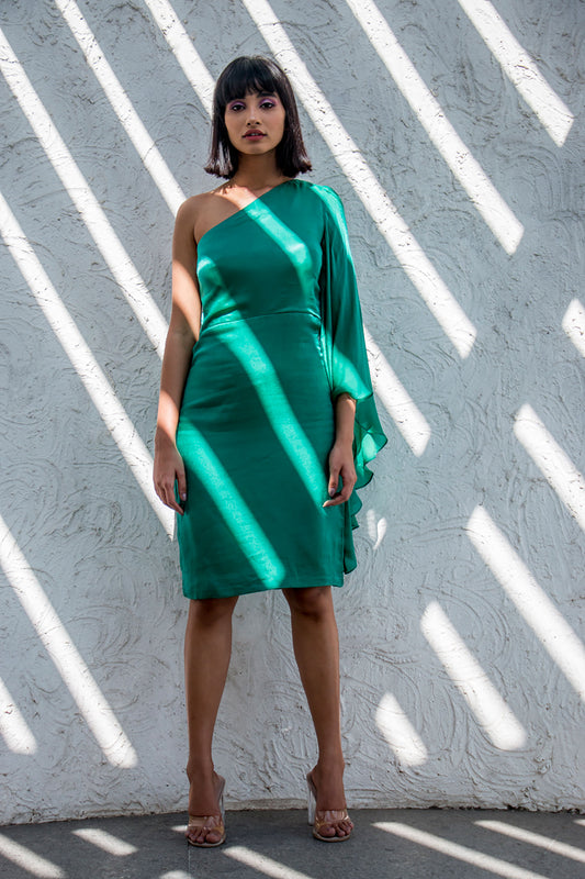 Green One Shoulder Bell Sleeves Dress