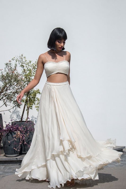 Off White Lehenga With Pleated Blouse