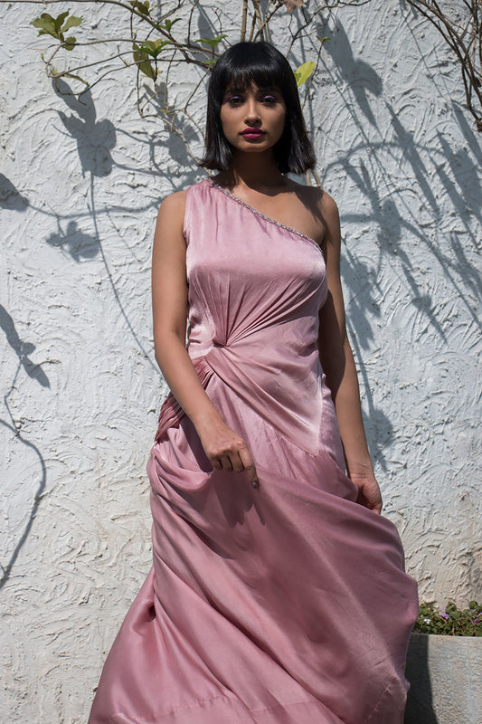 Mauve One Shoulder Waist Drape Gown